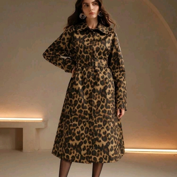 Retro European & American Leopard Print LongSleeve Slim Fit Windbreaker Overcoat - Picture 3 of 4